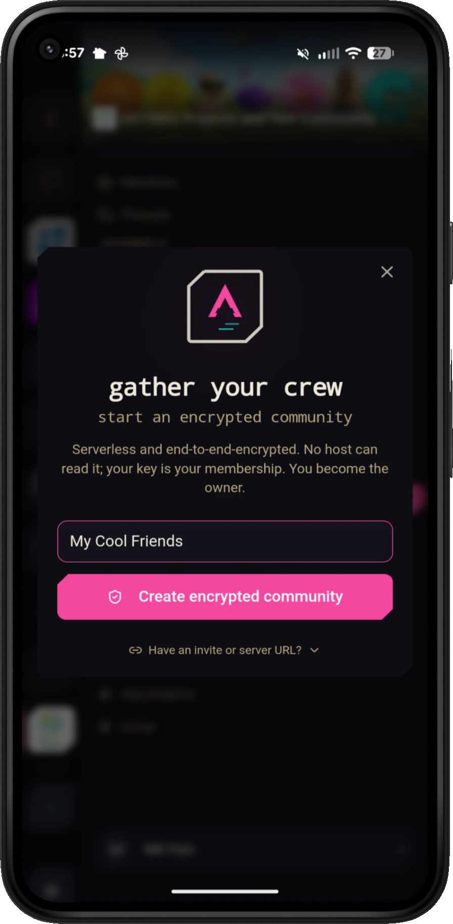 Armada on iPhone: the 'gather your crew' screen for starting an encrypted community