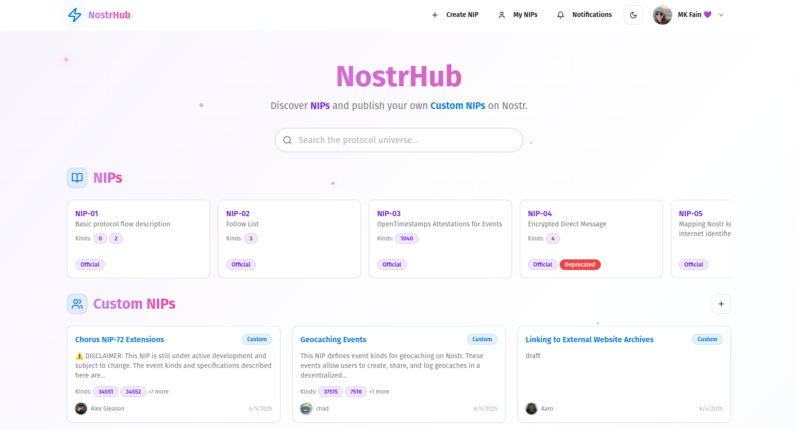 NostrHub NIPs page showing official and custom Nostr Improvement Proposals