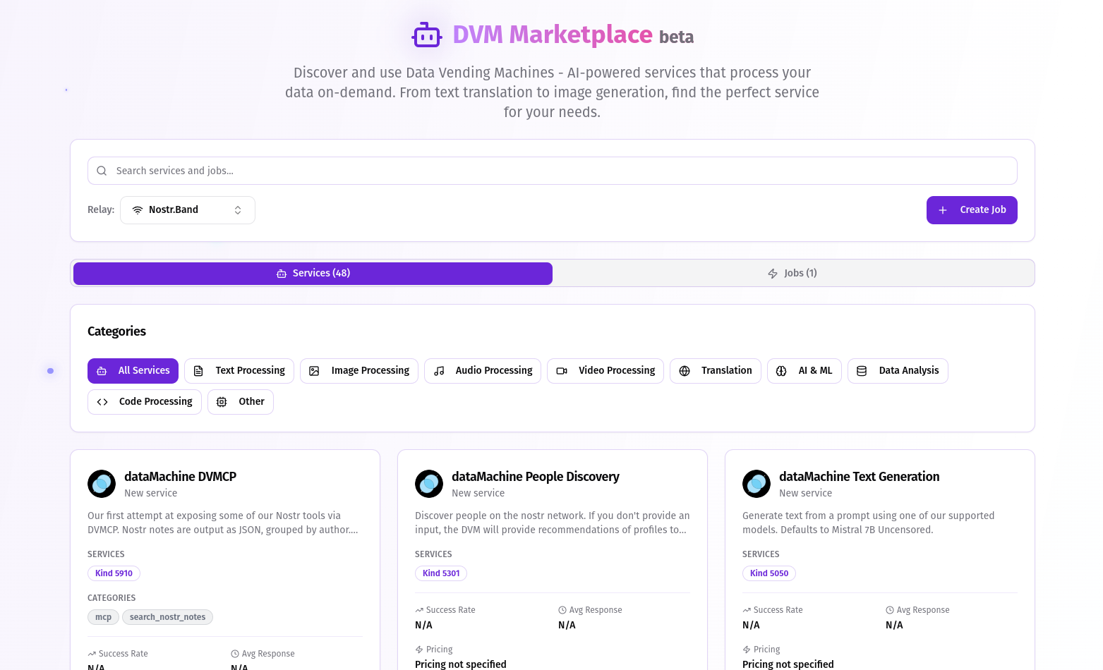 NostrHub DVM Marketplace showing AI-powered Data Vending Machines for on-demand data processing