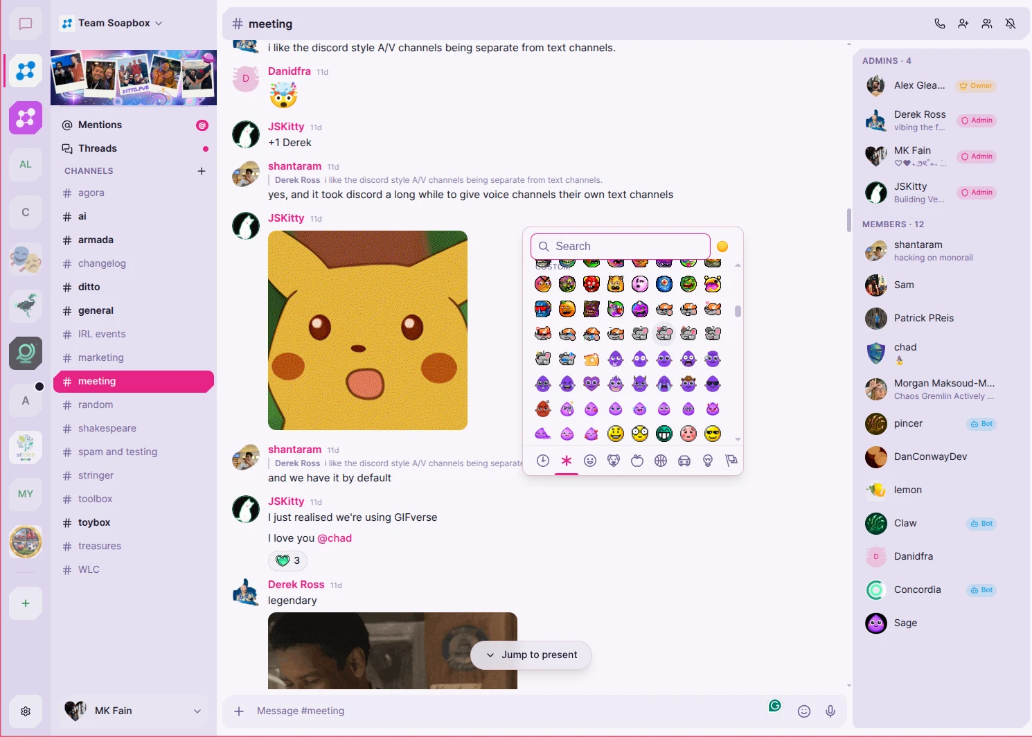Armada light theme showing an encrypted community channel with custom emoji picker, GIFs, reactions, and threaded replies