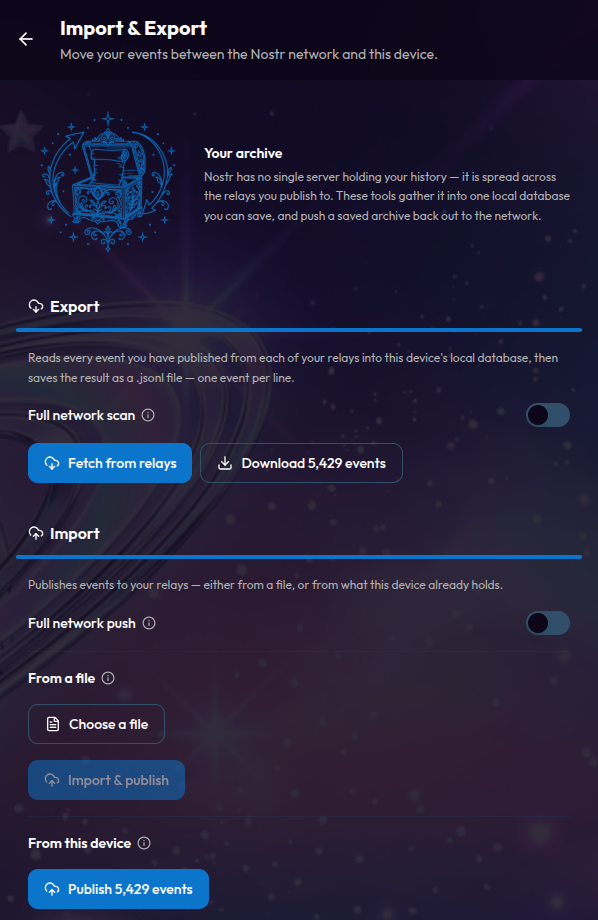 Ditto's Settings page showing the Import & Export screen, with buttons to fetch events from relays and download a .jsonl archive