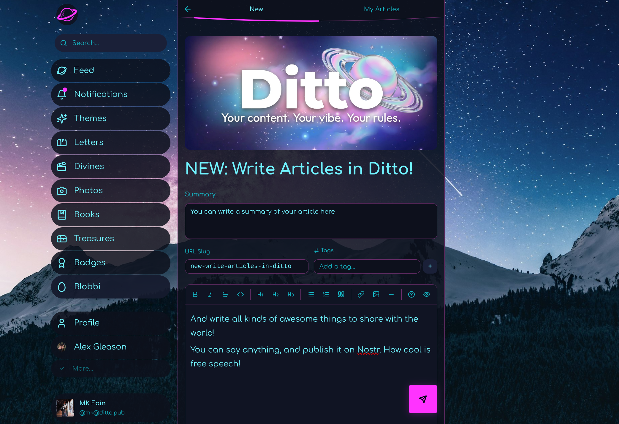Ditto's in-app article editor with formatting toolbar, cover image, and rich text content