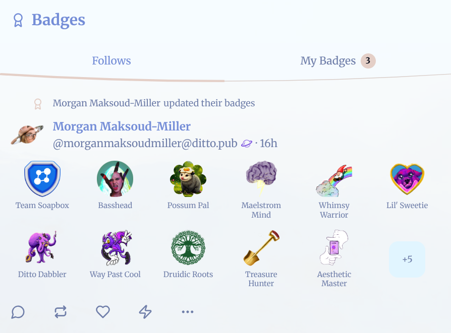 A user's profile showing a collection of custom badges including Team Soapbox, Possum Pal, and Whimsy Warrior