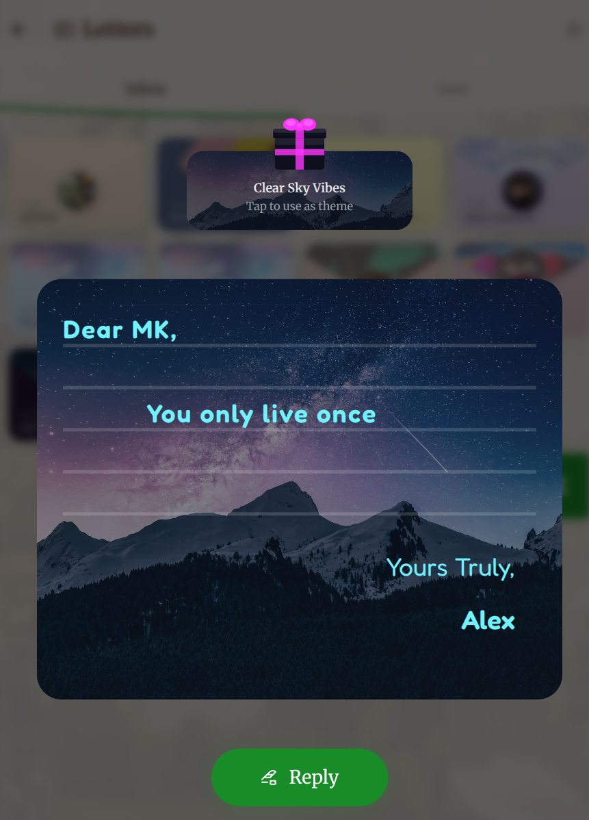 A letter with a starry night sky theme reading 'Dear MK, You only live once'