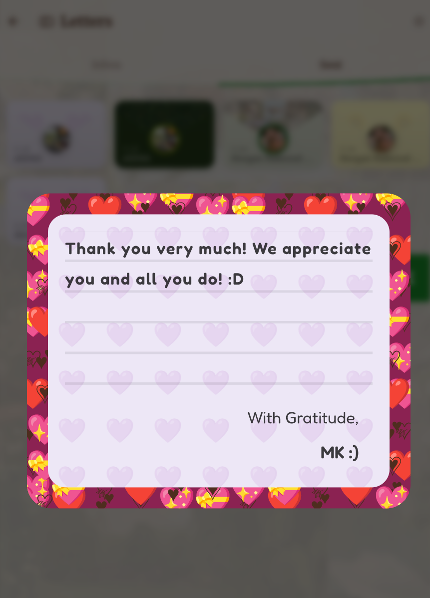 A letter with a hearts border reading 'Thank you very much! We appreciate you'