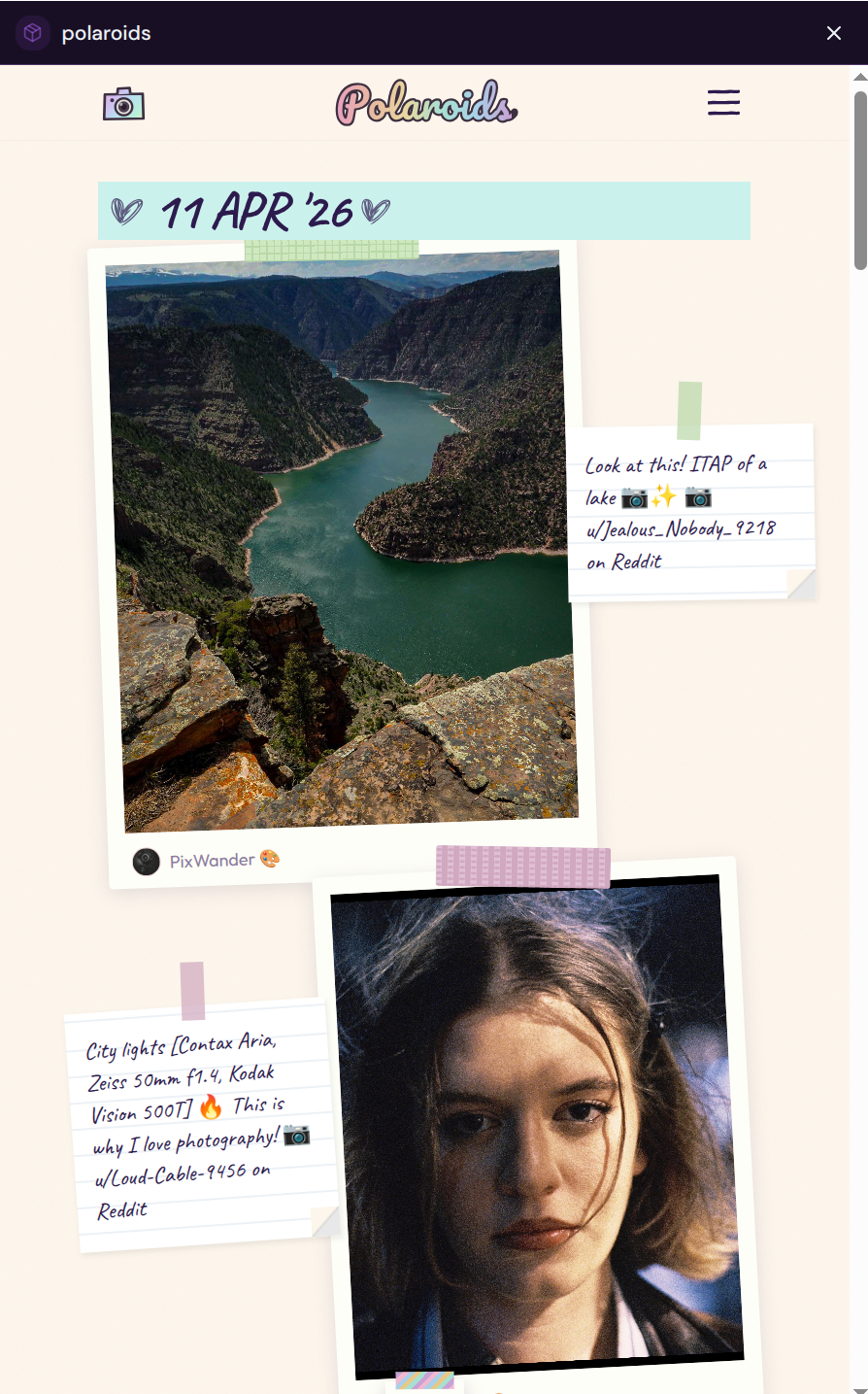 The Polaroids nsite running inside Ditto, showing a scrapbook-style photo layout