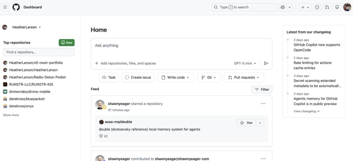 GitHub dashboard showing the green New button in the top right corner