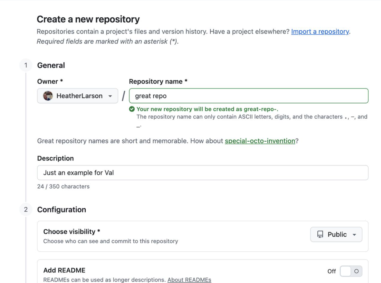 GitHub repository creation form showing the name and description fields