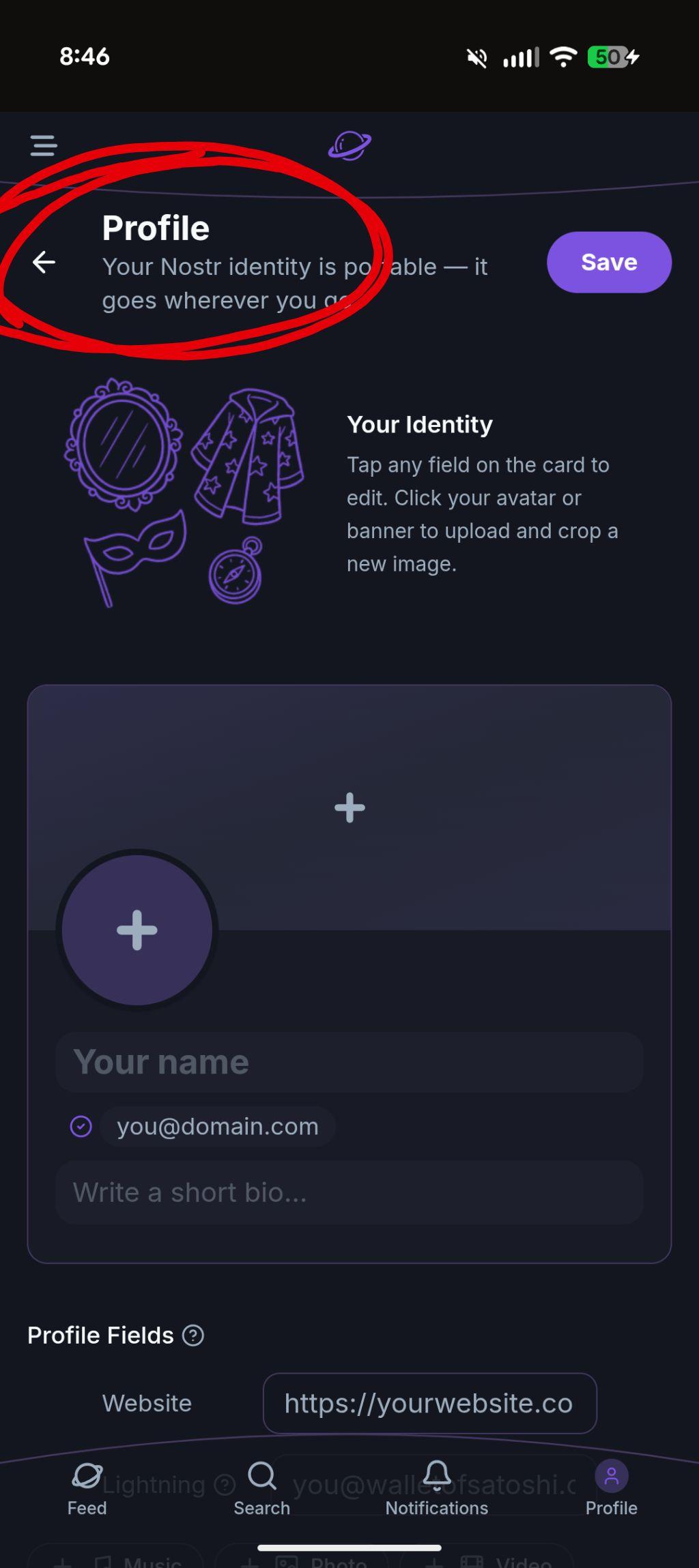 Ditto Profile Settings page on ditto.pub — where to find your Nostr secret key later