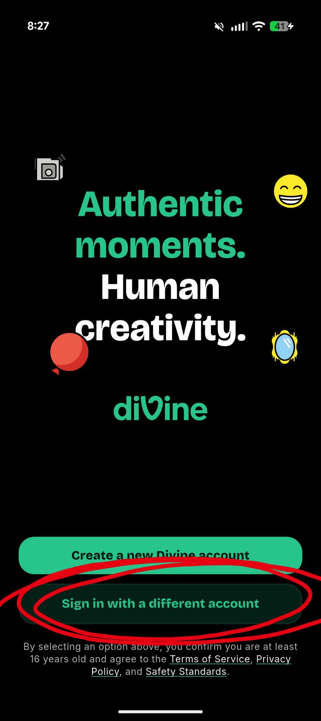 Divine app welcome screen on iOS — Sign in with a different account button to skip the invite code