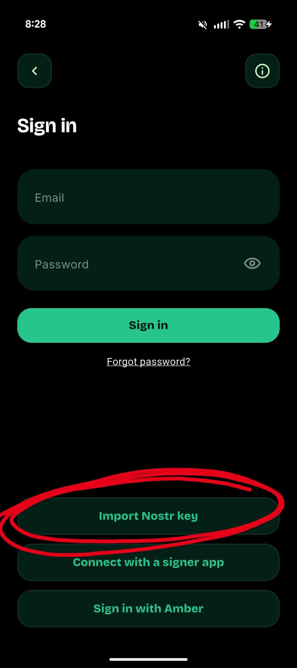 Divine app Sign in screen with the Import Nostr key option for logging in without an invite code