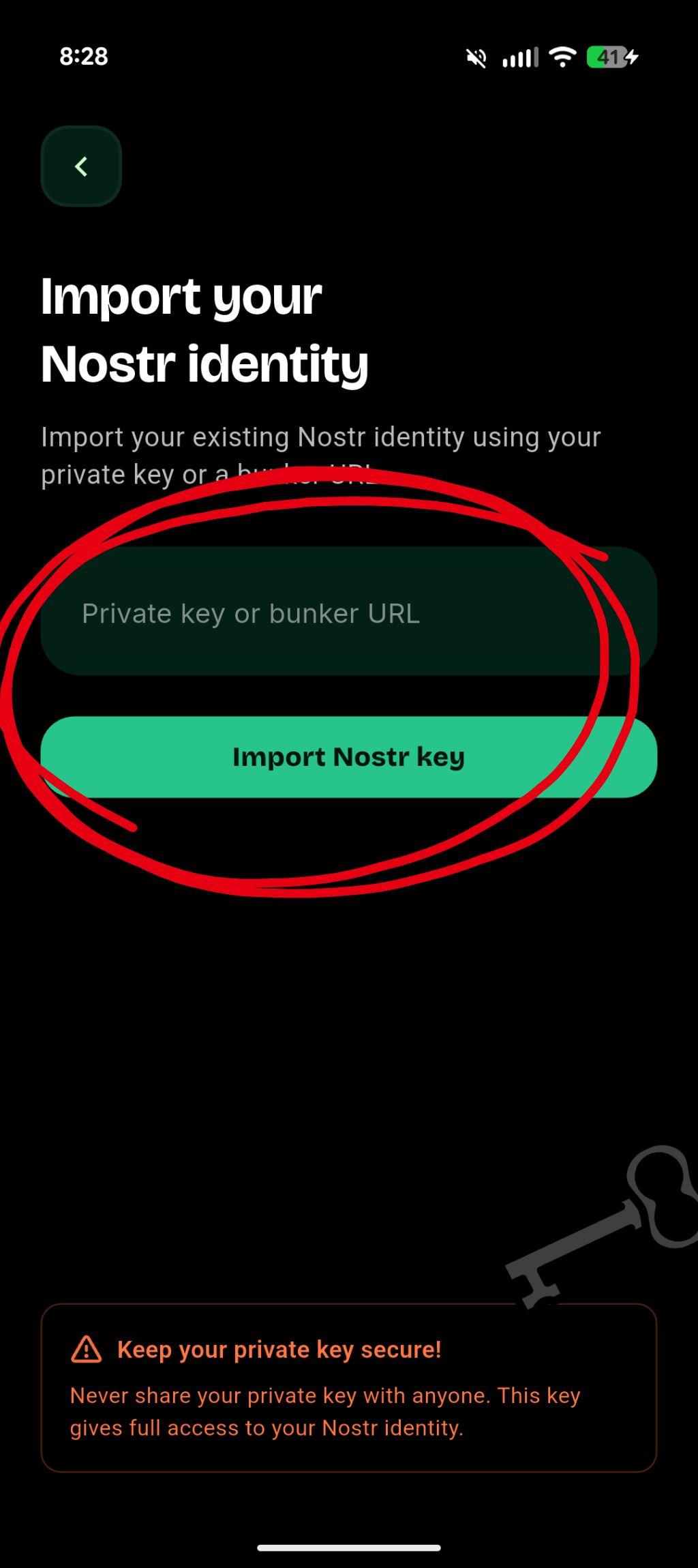 Divine app Import your Nostr identity screen — paste your nsec to log in to Divine without an invite code