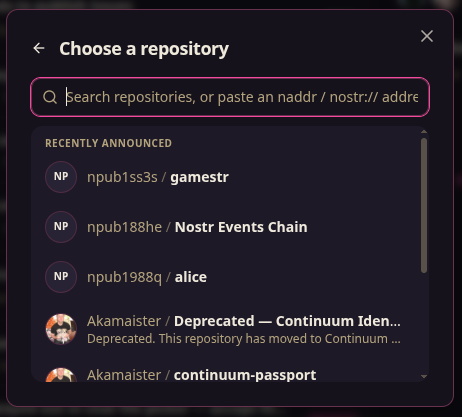 Armada's Choose a repository picker: a search field reading Search repositories, or paste an naddr / nostr:// address, above a Recently Announced list showing gamestr, Nostr Events Chain, alice, and two Akamaister repositories