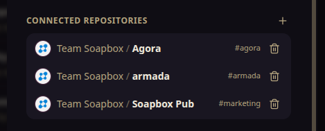 Armada's Connected Repositories panel listing three entries: Team Soapbox / Agora attached to #agora, Team Soapbox / armada attached to #armada, and Team Soapbox / Soapbox Pub attached to #marketing, each with a delete button