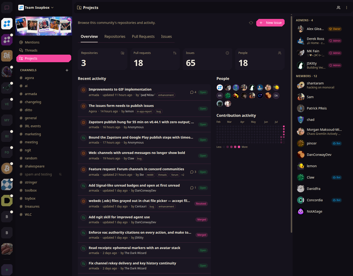 Armada's Projects view for Team Soapbox on the Overview tab: counts reading Repositories 3, Pull requests 18, Issues 65 and People 18, a recent activity feed mixing armada and Agora issues and pull requests with Open, Resolved and Merged states, a people roster and a contribution heatmap