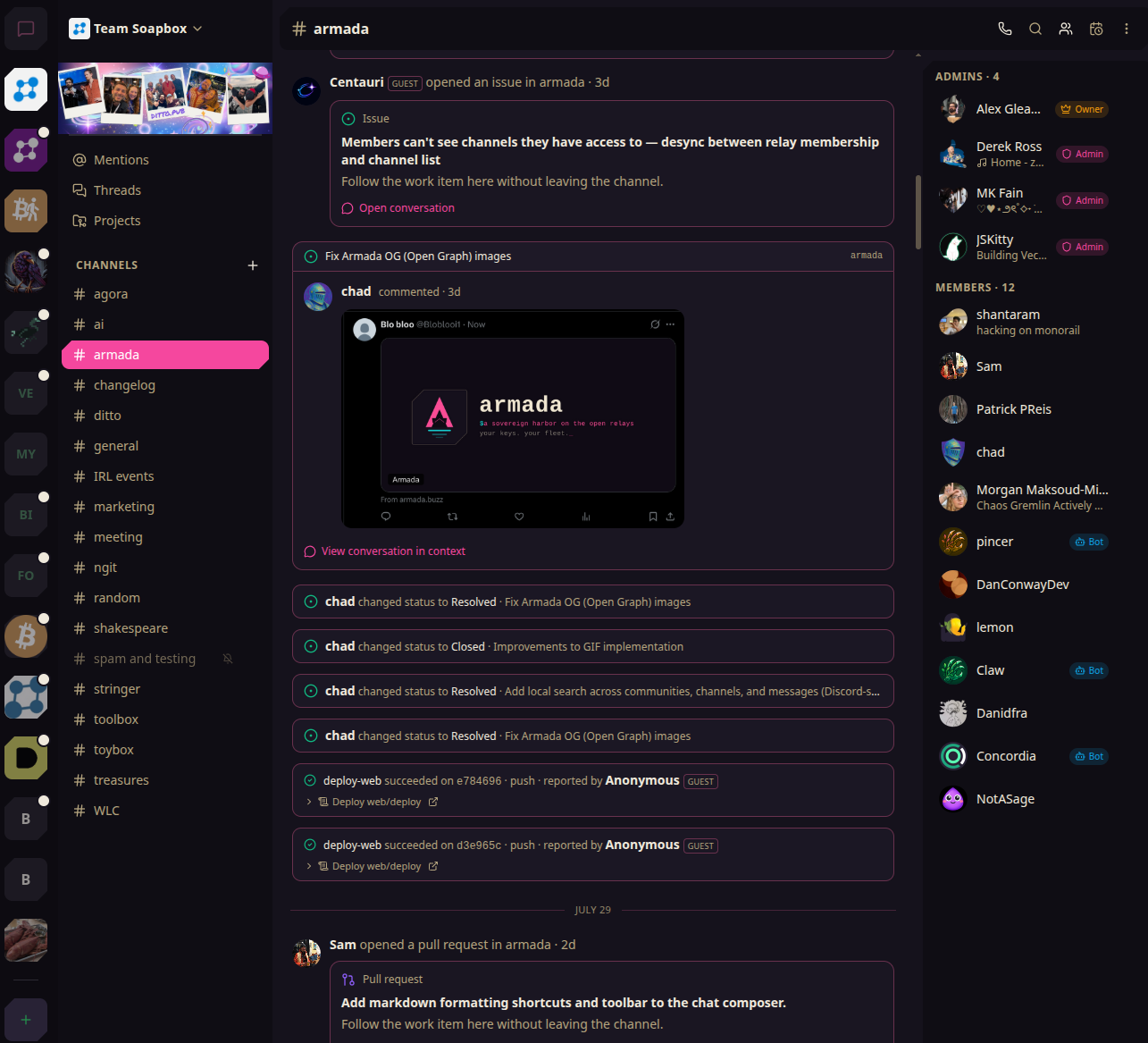 The Armada app showing the #armada channel: a channel list on the left, and a timeline mixing an opened issue, a comment with an image, four status changes, two green deploy-web runs and an opened pull request, with the admin and member roster on the right