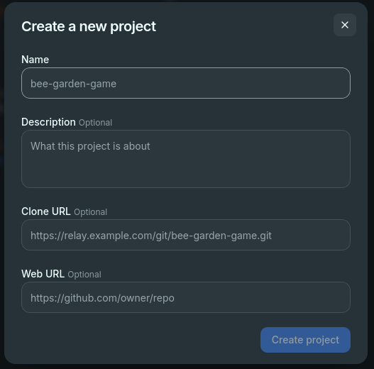 Buzz's Create a new project dialog with four fields: Name, an optional Description, an optional Clone URL showing a relay-hosted git URL as its placeholder, and an optional Web URL