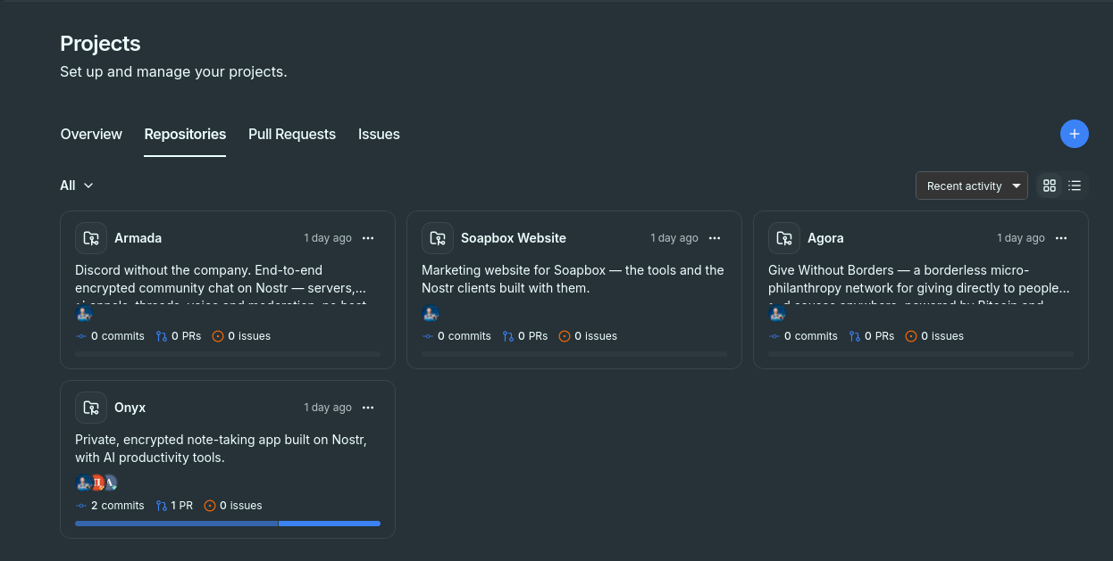 Buzz's Projects view on the Repositories tab, showing cards for Armada, Soapbox Website, Agora and Onyx, each with a description and per-repository commit, pull request and issue counts