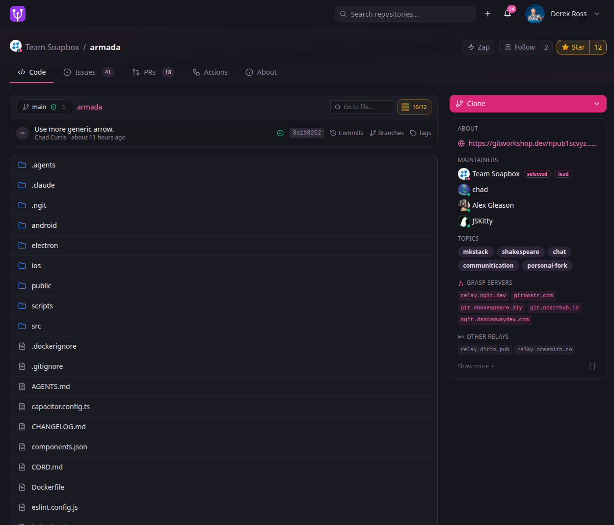 The Team Soapbox armada repository on gitworkshop.dev: Code, Issues 41, PRs 18, Actions and About tabs, a file tree, a Clone button, the maintainer list, and a sidebar panel listing five GRASP servers and two other relays