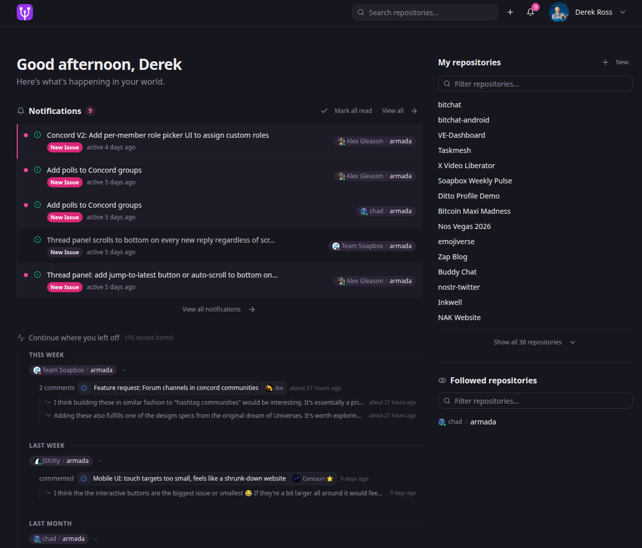 A logged-in gitworkshop.dev home page reading Good afternoon, Derek, with nine notifications about new issues on armada, a Continue where you left off feed grouped by this week, last week and last month, and a My repositories sidebar listing 38 repositories