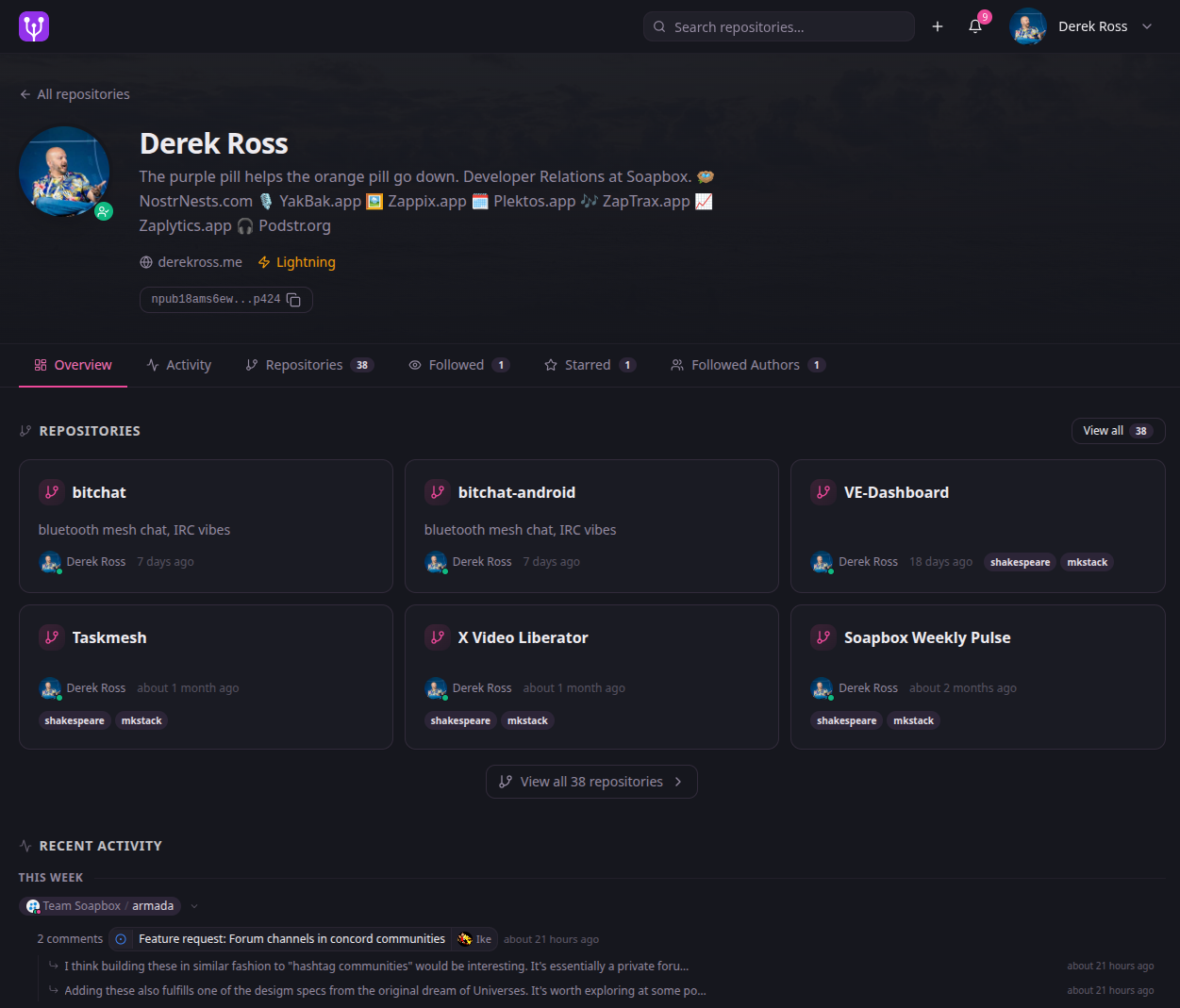 A gitworkshop.dev profile page for Derek Ross, showing the bio and links, an npub instead of a username, Overview, Activity, Repositories 38, Followed, Starred and Followed Authors tabs, six repository cards, and a recent activity feed