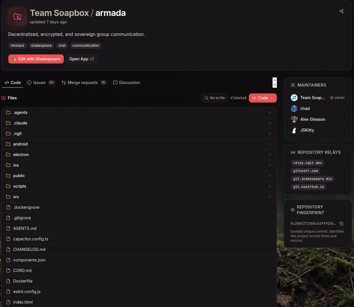 The armada repository on nostrhub.io, showing the Code tab with a file tree, the Issues, Merge requests and Discussion tabs, the repository relays and the repository fingerprint