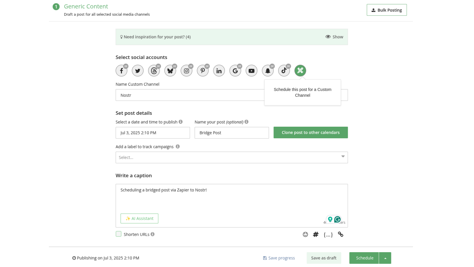 Set a trigger for when a post in a custom channel requires manual publishing in Loomly
