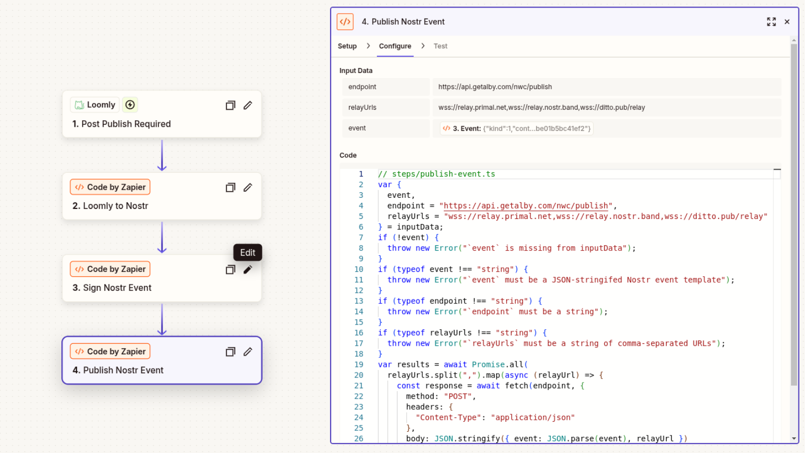 Publishing the signed Nostr event to relays using Alby's API in Zapier