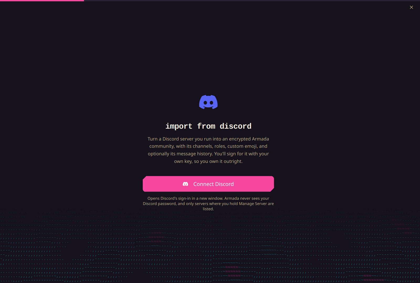 Armada Discord import wizard connect step with the Connect Discord button for OAuth sign-in
