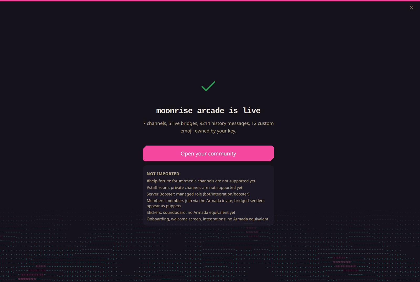 Discord server migration to Armada complete, with channel, bridge, history, and emoji counts