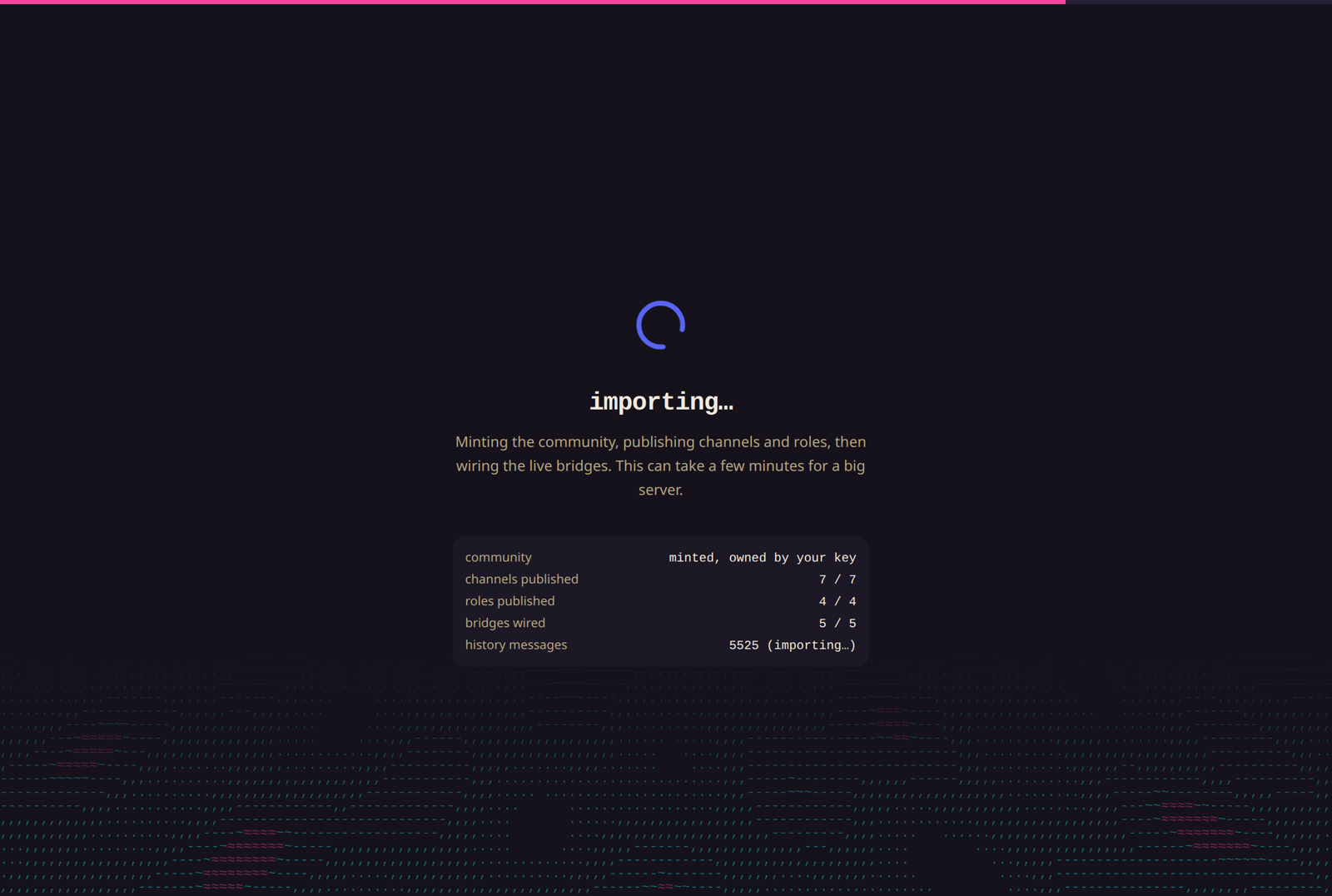 Live progress screen while migrating a Discord server to Armada, showing channels, roles, bridges, and history messages