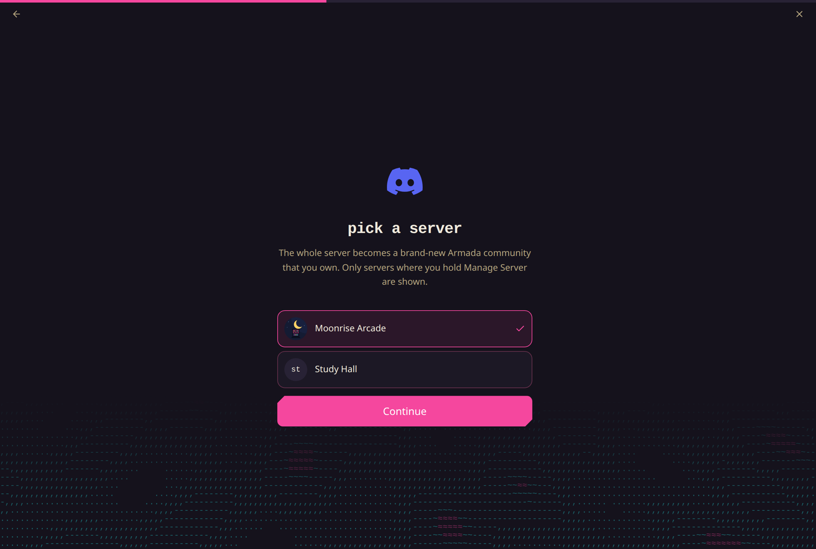 Pick a server step in the Armada Discord migration wizard listing Discord servers you manage