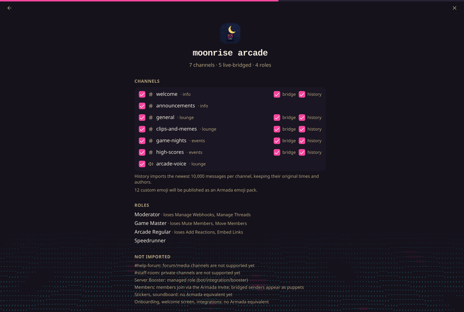 Armada Discord import review step with per-channel bridge and history toggles, role mapping, and a not-imported list