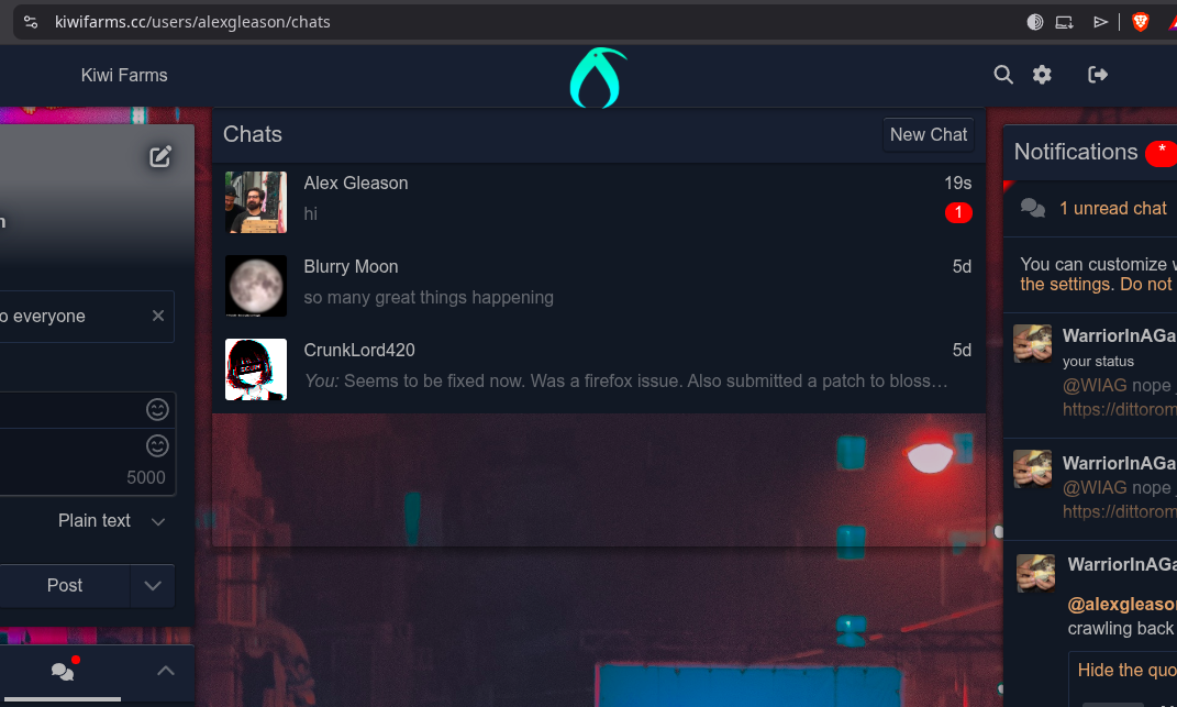 Pleroma Chats screen showing the bridged Nostr DM arriving from Alex Gleason seconds after it was sent