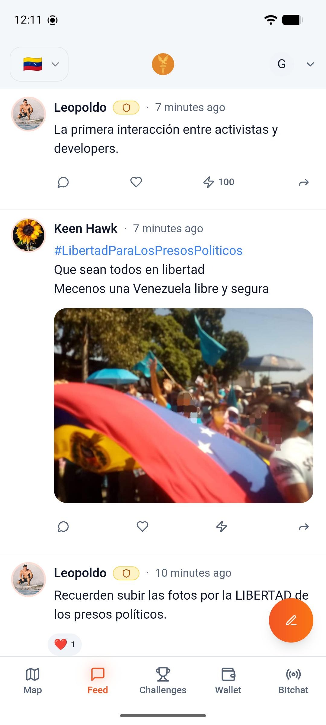 Pathos app showing the Feed tab with posts from Venezuelan activists