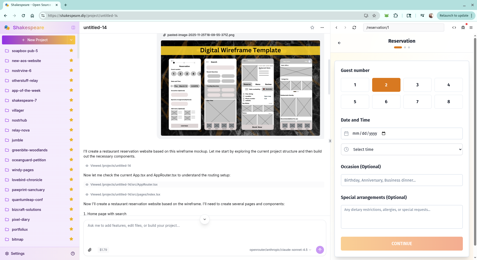 Image vision in Shakespeare - building a restaurant reservation site from a wireframe