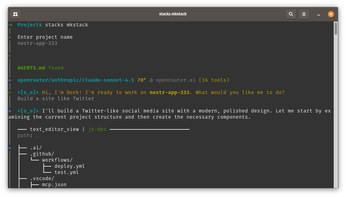 Stacks terminal interface with Dork AI agent assisting in Nostr development