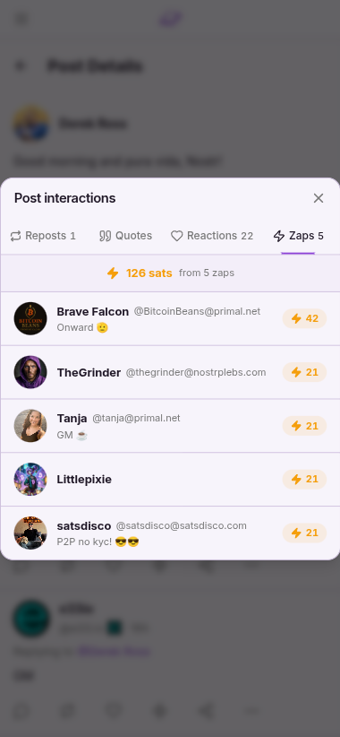 Post interactions showing 5 zaps totaling 126 sats from users like Brave Falcon, TheGrinder, Tanja, and others