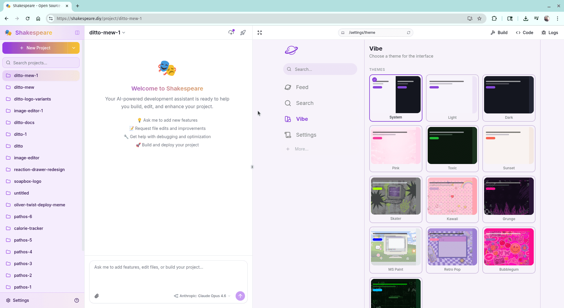 Shakespeare AI IDE editing a Ditto project