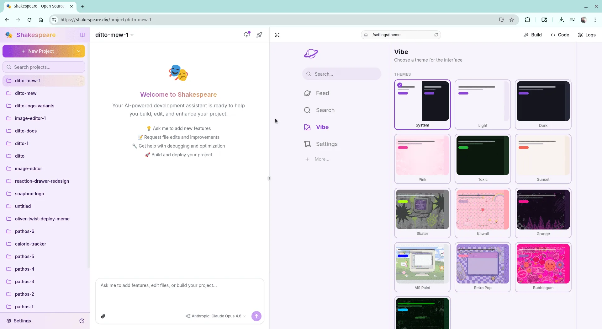 Shakespeare AI IDE editing a Ditto project