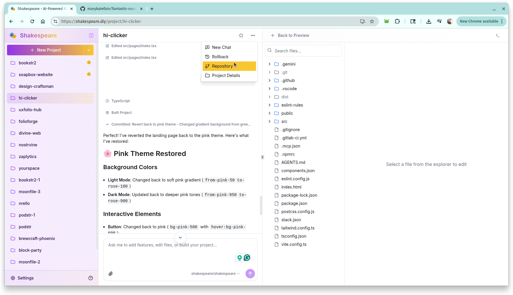 Shakespeare chat pane showing the three dots menu with repository option