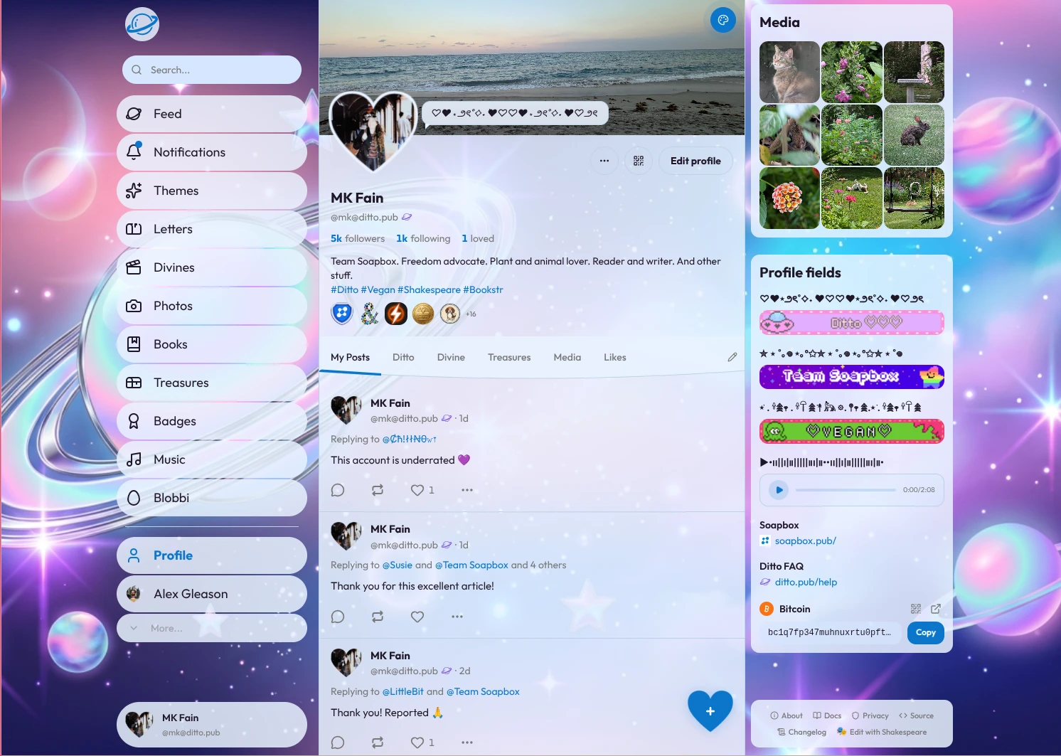 Ditto Nostr homebase showing a profile with a custom theme, media grid, and feed