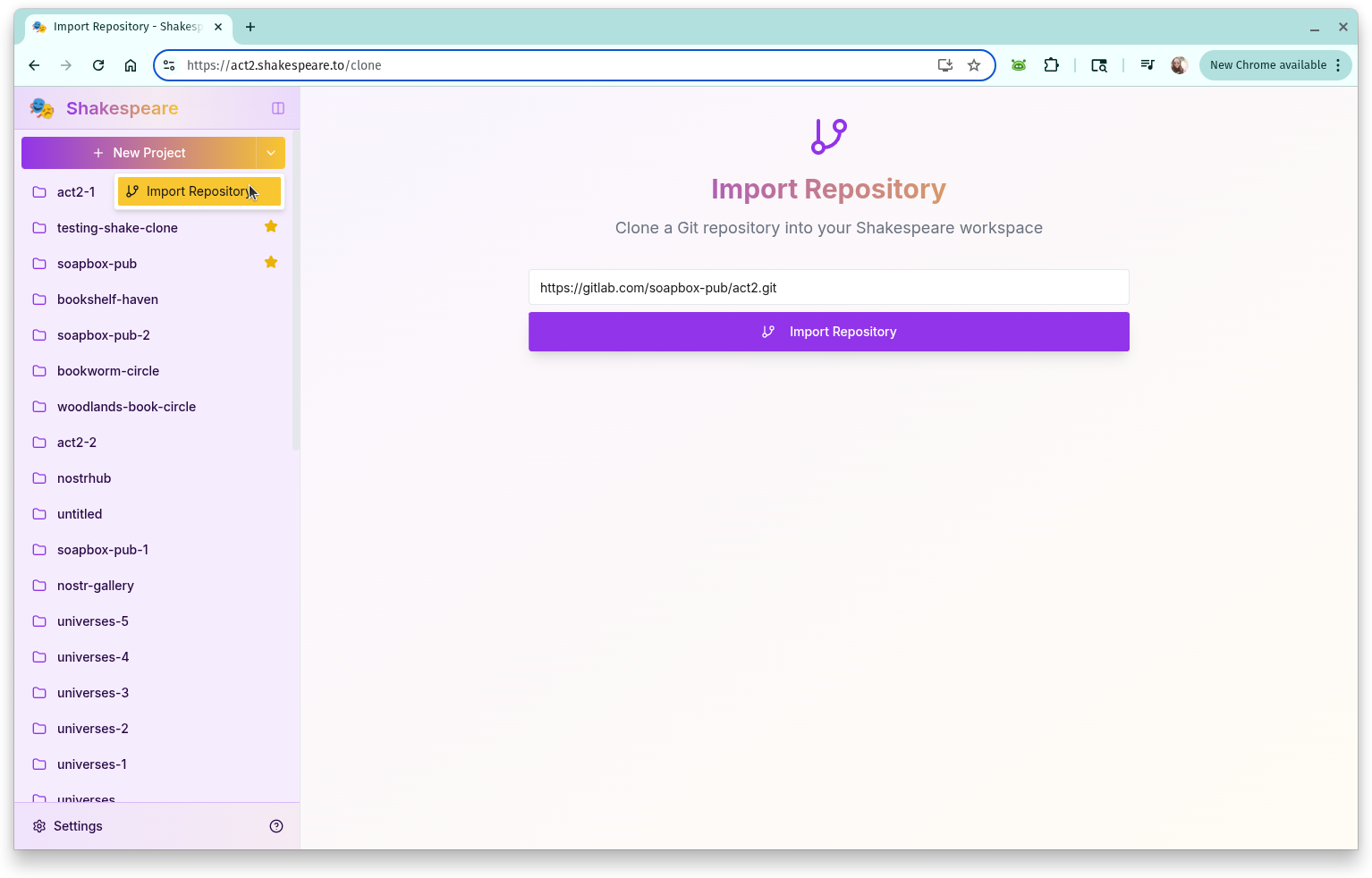 Project import interface showing GitHub repository import with edit badge